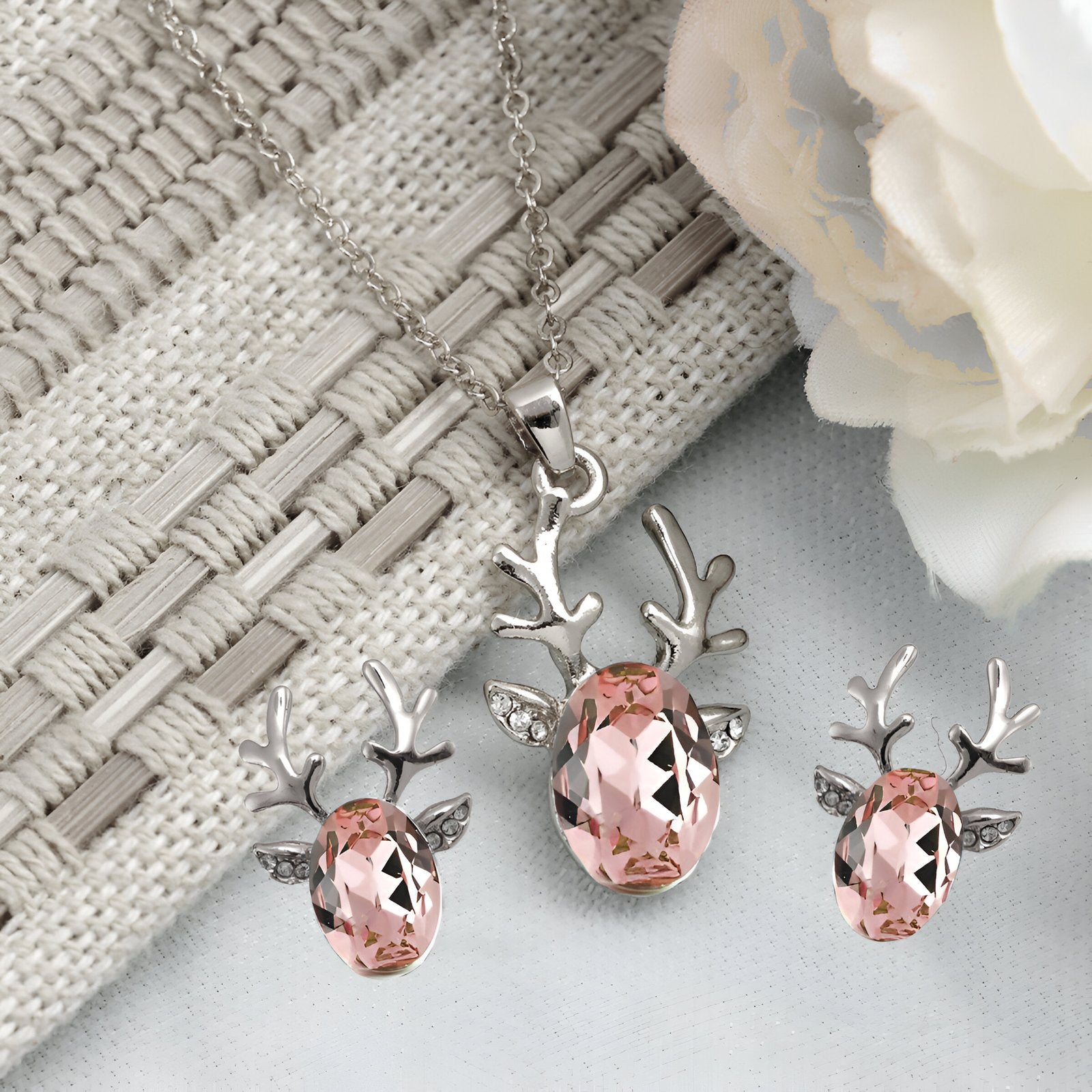 Silver-Plated Peach Crystal Deer Design Necklace & Earring Set image 0