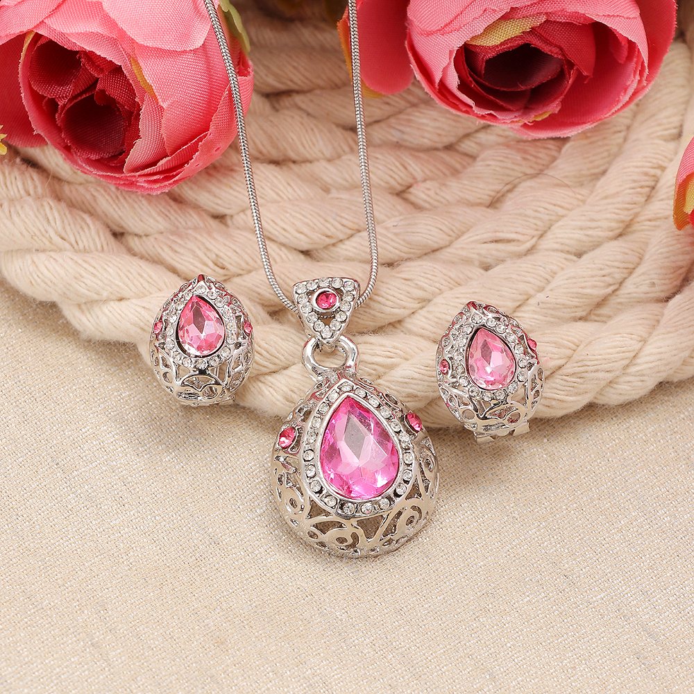 Silver-Plated Crystal Pink Teardrop Pendant Necklace and Earrings Set image 0