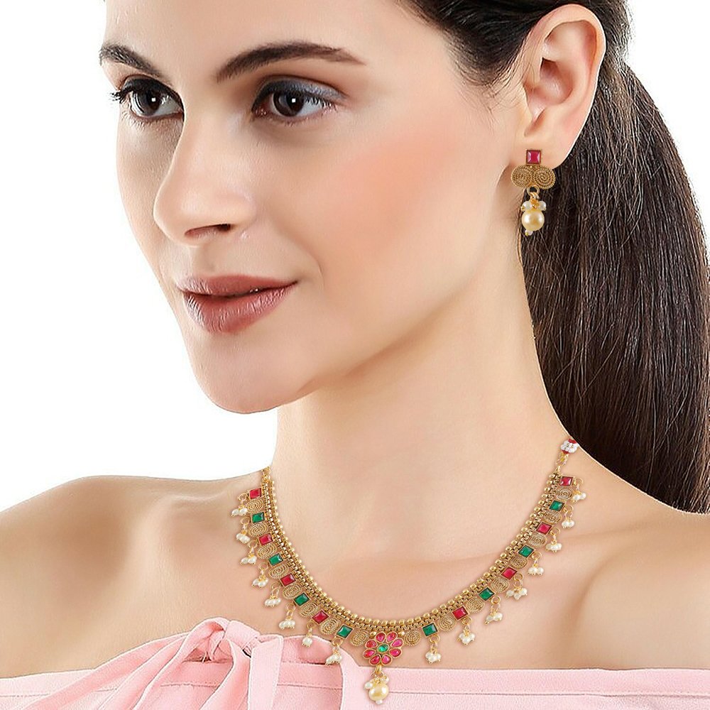 Gold Plated Red & Green Stone Pearl Beaded Jewellery Set image 3