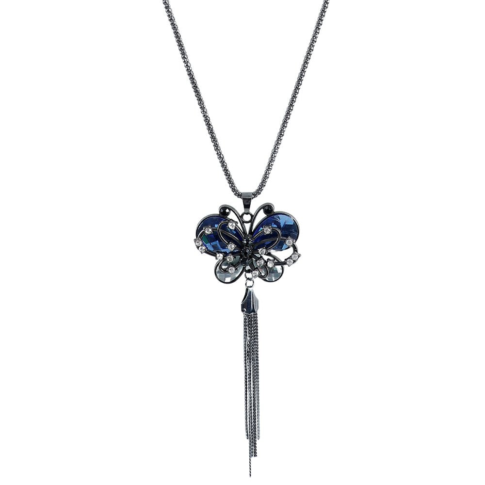 Silver-Plated Blue Crystal Stud Long Tassel Butterfly Pendant Necklace image 5