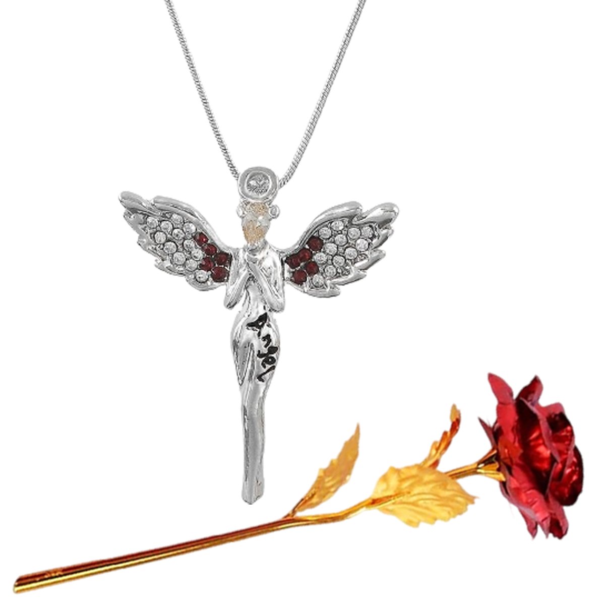 Valentine's Day Angel Girl Pendant Chain & Red Rose Combo Set image 1