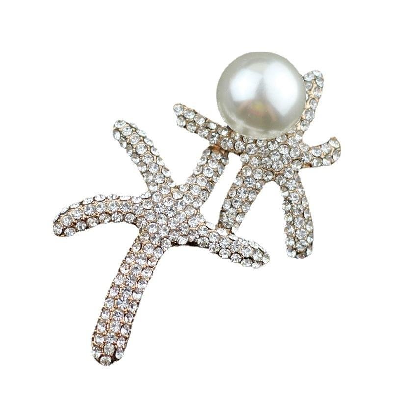 Gold-Plated Crystal/Pearl Dual Star Fish Brooch image 4