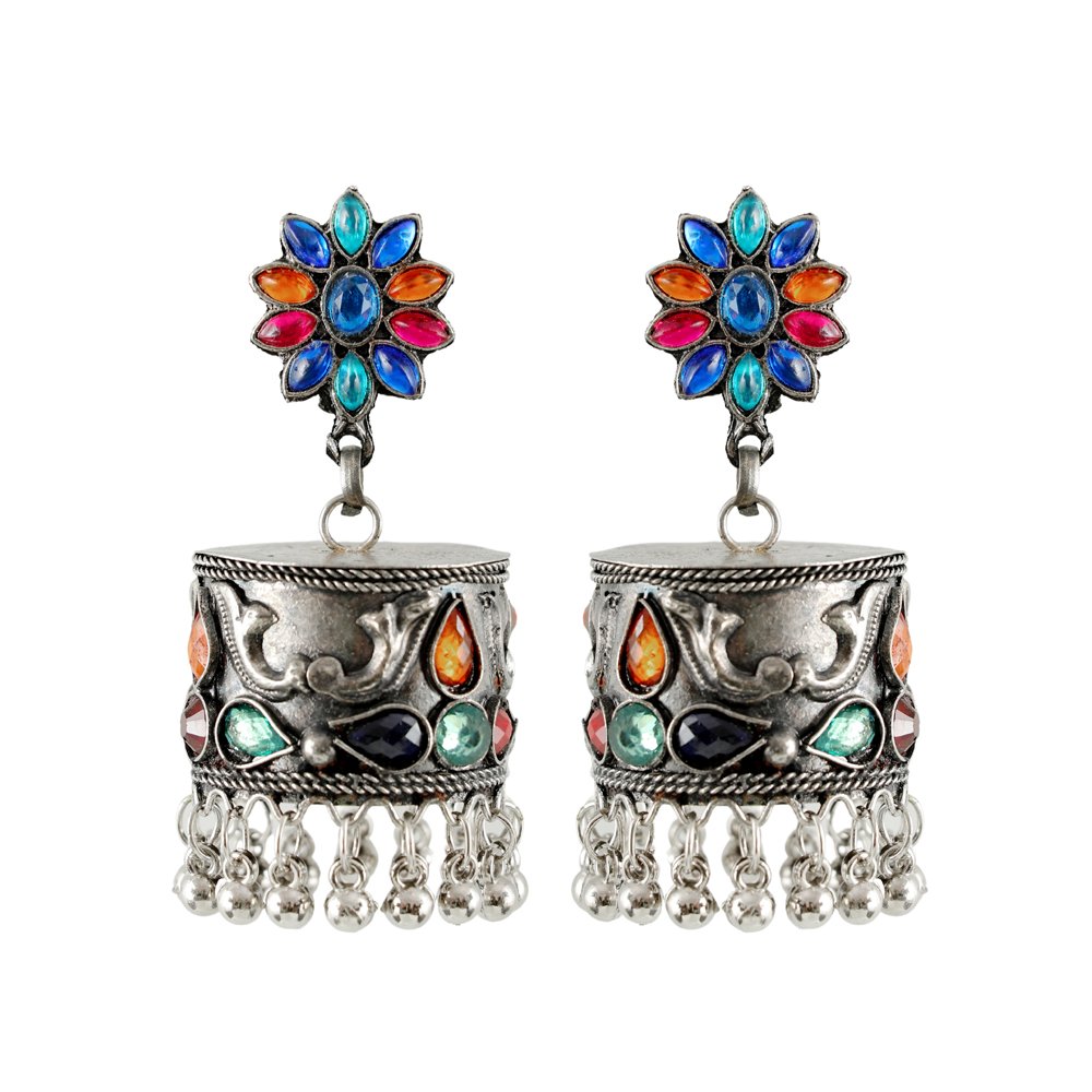 Oxiidsed Silver traditional Floral Multicolor Stone Jhumka Earrings image 3