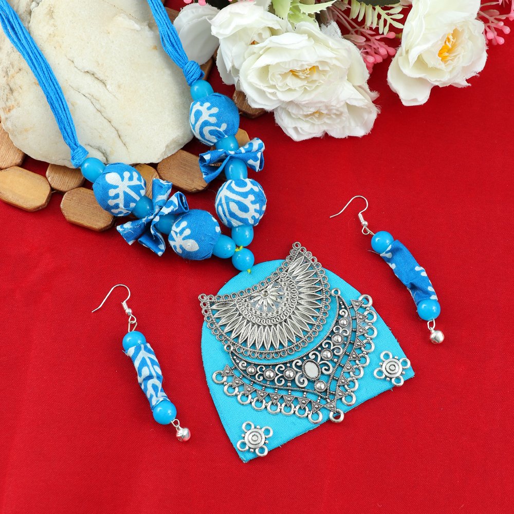 Blossoms Handmade Blue Fabric Oxidised Silver Pendant Jewellery Set image 0