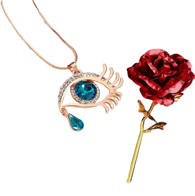Valentine's Day Jewelry Gift Set Angel Blue Eye Pendant Chain Necklace with Red Rose image 3