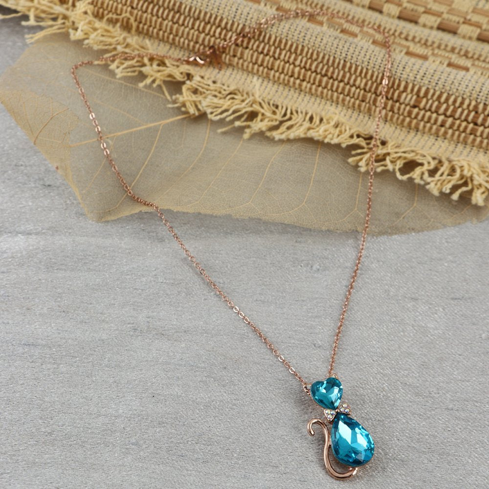 Gold-Plated Blue Crystal Cat Shape Pendant Necklace For Women/Girl's image 0