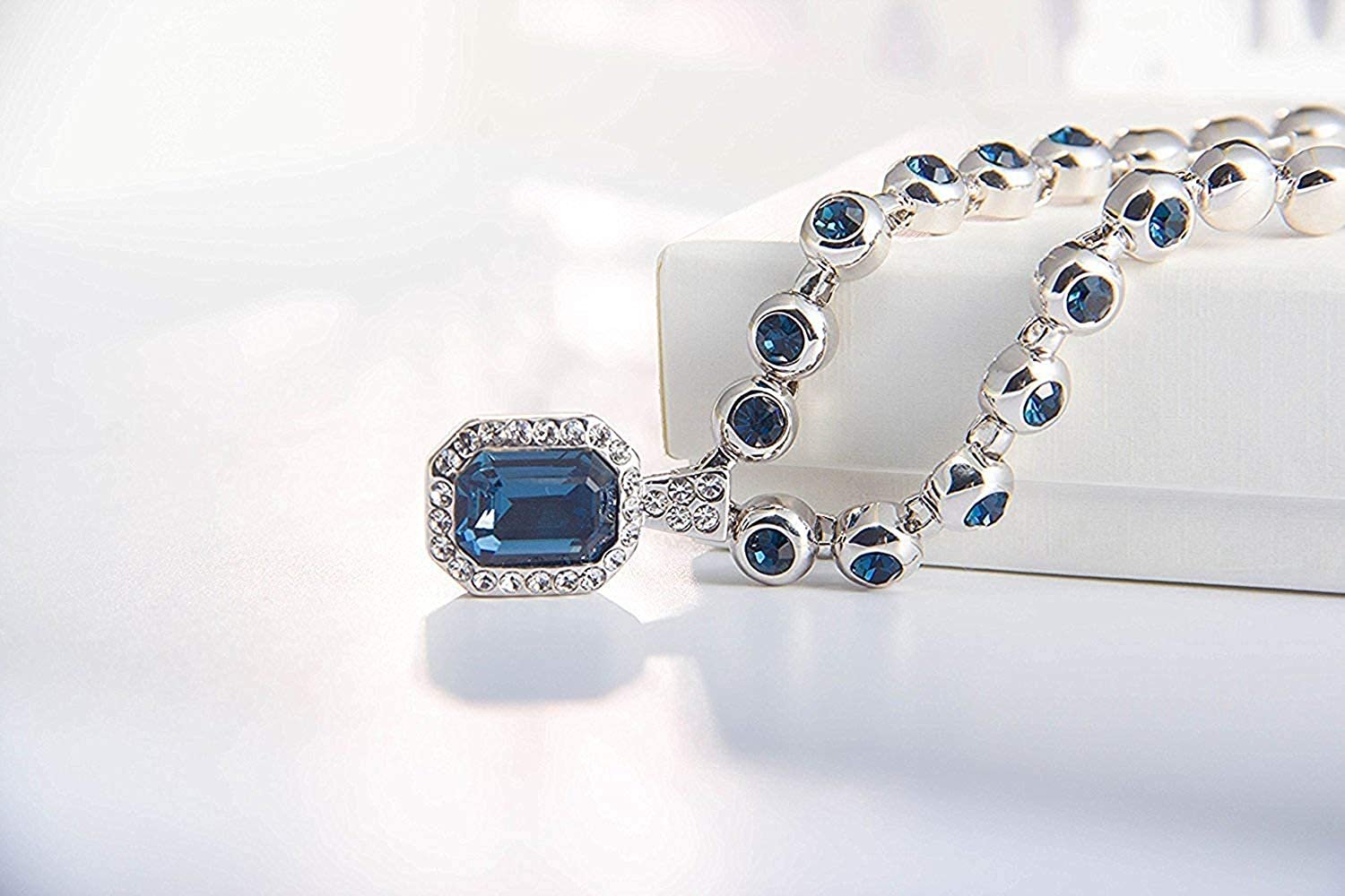 Silver-Plated Blue Crystal Stud Pendant Necklace for Women/Girls image 2