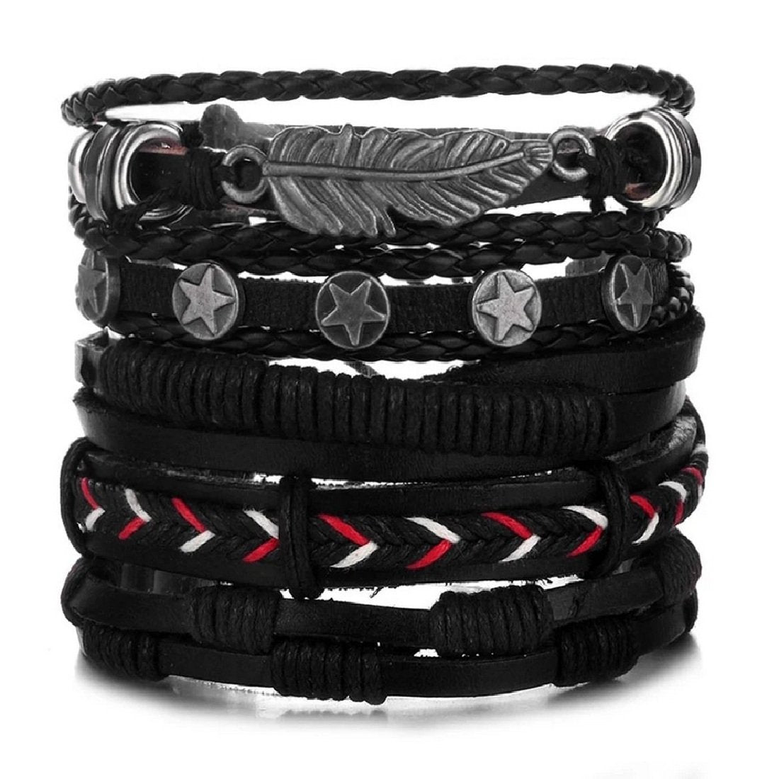 Men's Oxidised Silver Feather Black Leather Bracelets image 2