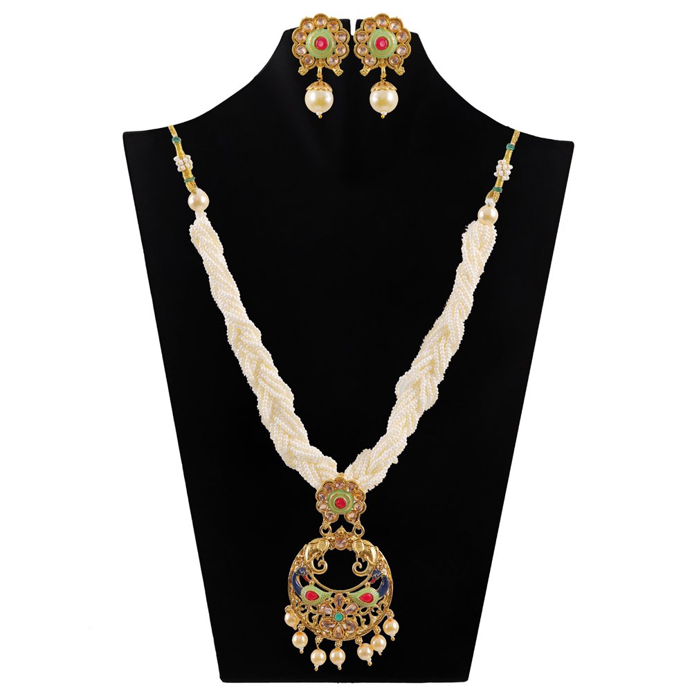 Gold-Toned Studded White Pearl Beaded Meenakari Jewellery Set image 2