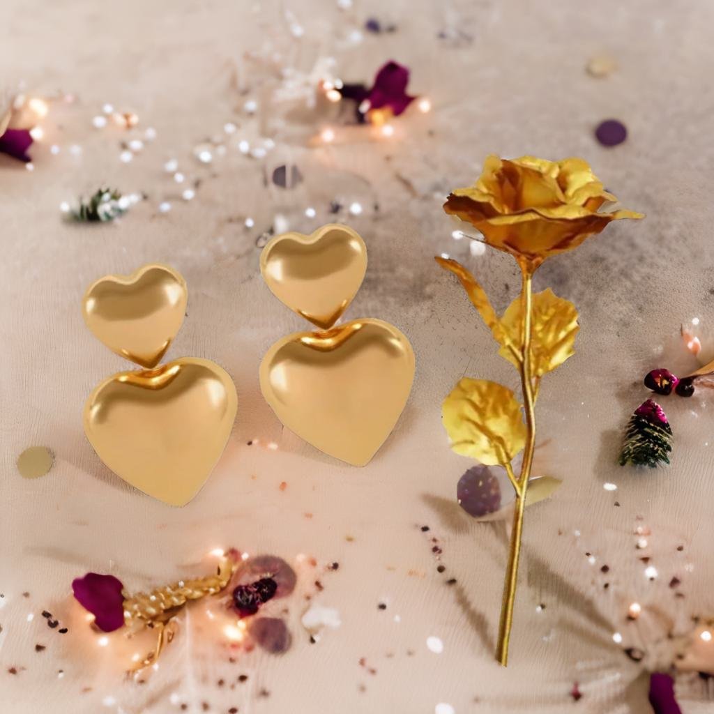Gold Heart Earrings & Golden Rose Gift Combo Set image 0