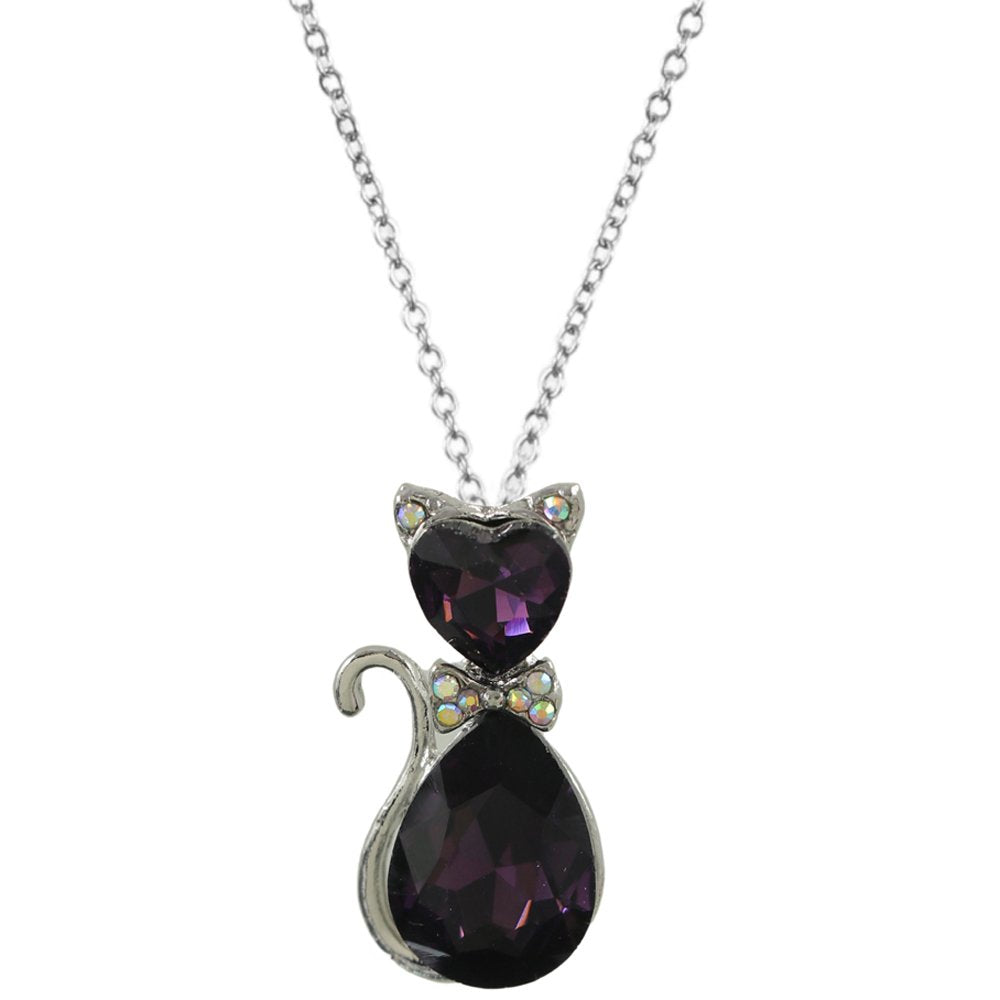 Silver-Plated Purple Crystal Cat Pendant Necklace image 1