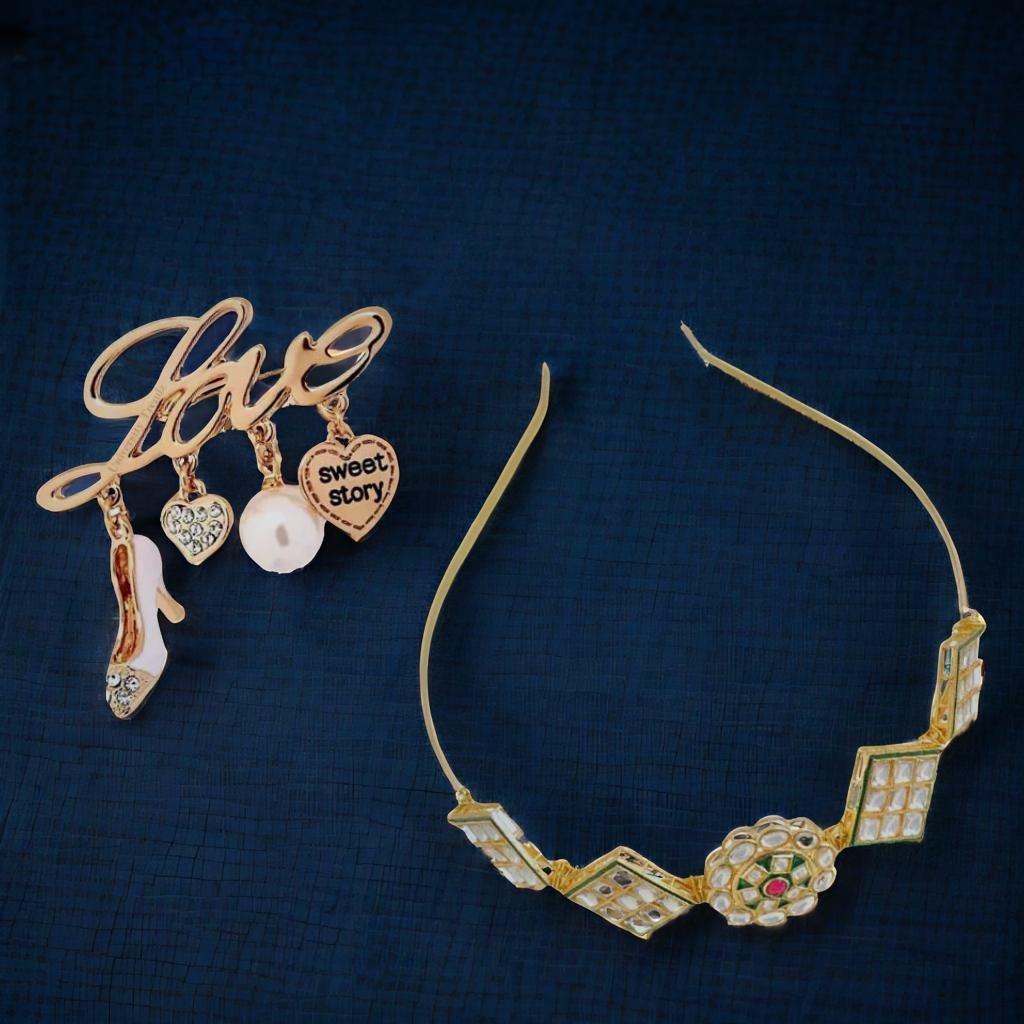 Gold-Plated Kundan Sheeshphool Hairband with Free Brooch Gift image 0