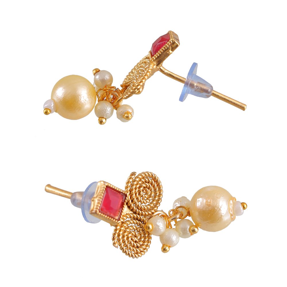 Gold Plated Red & Green Stone Pearl Beaded Jewellery Set image 5