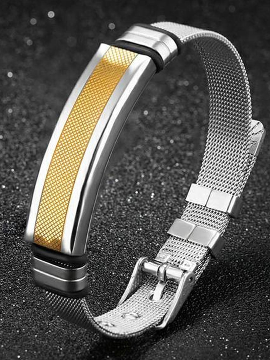 Men's Gold Silver-Plated Watch Stripe Wrist Band Bracelet image 0