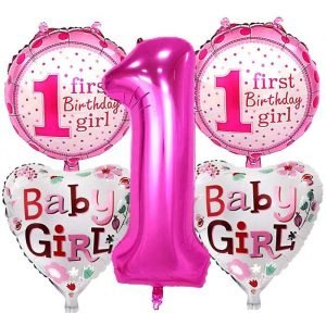 5 PCs First Birthday Girl Shower Foil Balloon Set for Birthday Party Decoration