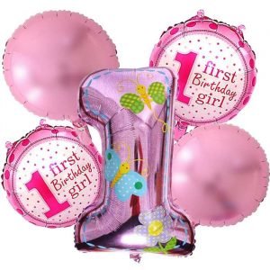 1st Birthday Girl Baby Shower with Number 1 Foil Balloons Set Combo (Pack of 5)
