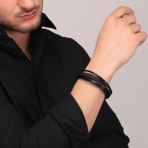 Black Braided Leather Bracelet with Stainless Steel Button Closure