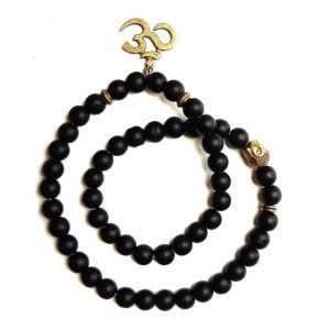 Single Long String Black Beads Buddha and Om Matte Bracelet