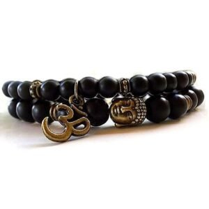 Single Long String Black Beads Buddha and Om Matte Bracelet