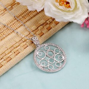 Silver-Plated Round Crystal Work Pendant Necklace