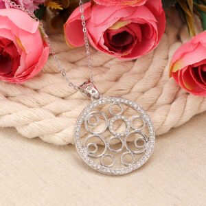 Silver-Plated Round Crystal Work Pendant Necklace