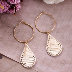 Contemporary Gold-Plated White Thread Leaf Hoop Earring for Women/Girls