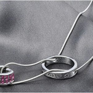 Pink Crystal Heart Circle Silver-Plated Pendant Chain Necklace