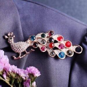 Stunning Gold-Plated Peacock Multicolor Crystal Studded Brooch for Women/Girls