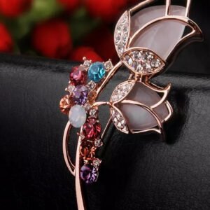 Elegant Rose-Gold Multicolor Crystal Rose Petal Brooch for Men/Women