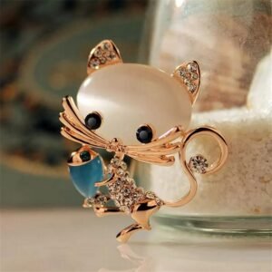Gold-Plated Adorable Fish and Catchy Cat Brooch for Women/Girls