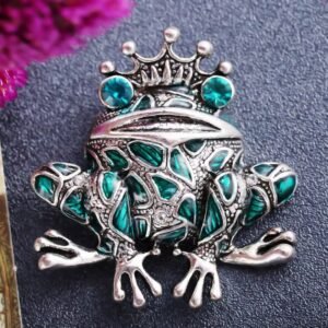Silver-Plated Green Frog Brooch for Unisex