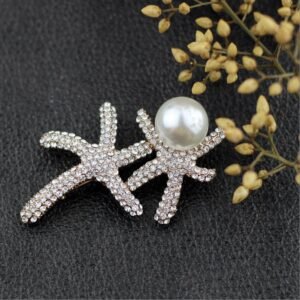 Gold-Plated Crystal/Pearl Dual Star Fish Brooch