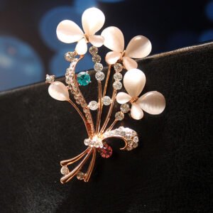 White Stone Rose-Gold Floral Crystal Studded Brooch