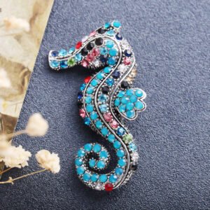 Silver-Plated Blue Crystal Sea Horse Brooch