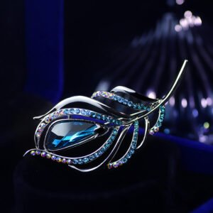 Silver-Tone Blue Crystal Feather Shape Brooch For Women/Girl’s