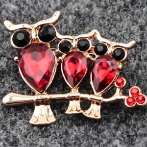 Gold-plated Red Crystal Triple Owl Brooch