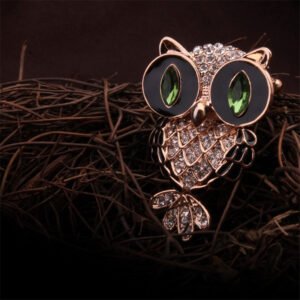 Gold-Tone Green-Eyed Crystal Owl Brooch