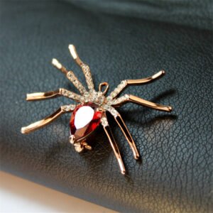 Gold-Plated Red Crystal Spider Brooch