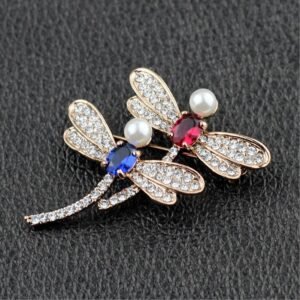 Gold-Plated Red& Blue Crystal DragonFly Dual Brooch For Womne/Girl’s