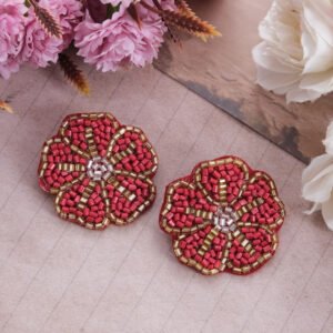 Handmade Red Floral-Beaded Stud Earrings