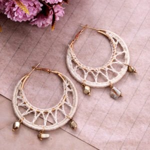 Handcrafted Gold-Plated Off White Thread Hoop Earrings For Women/Girl’s