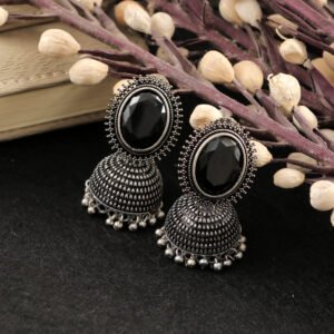 Oxidised Silver Black Stone Dome Jhumka-Jhumki Earrings