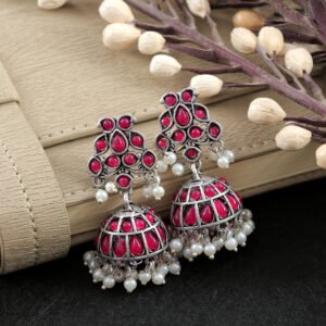 Oxidised Silver Pink Crystal /Pearl Jhumka Earrings
