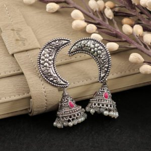 Oxidised Silver Half Moon Pink Stone Jhumka Earrings