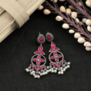 Oxidised Silver Pink Crystal Dangler Earrings