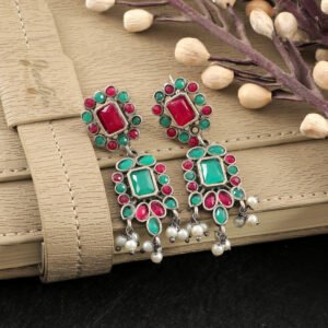 Oxiidsed Silver Red & Green Drop/Dangler Earrings