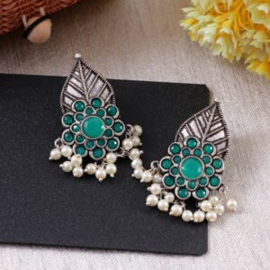 Oxidized Silver Leaf Green Stone/Pearl Stud Earrings
