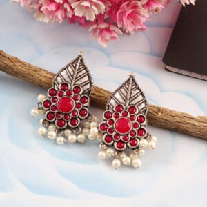 Oxidized Silver Leaf Red Stone/Pearl Stud Earrings