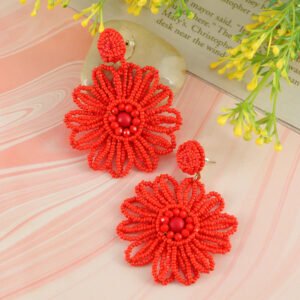 Handcrafted Red Beaded Flower Earrings
