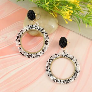 Gold-Plated Handcrafted Black& White Beaded Earrings